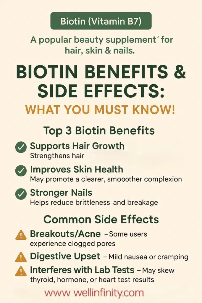 Pinterest pin explaining biotin side effects like acne, digestive issues, and lab test interference