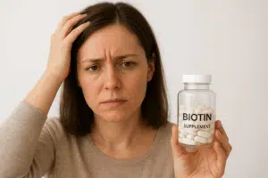 Woman looking concerned while holding a biotin supplement, representing the effects of biotin deficiency.