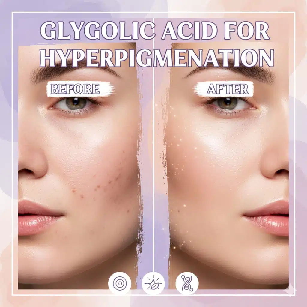 Before and after cheek close-up showing glycolic acid fading dark spots and improving hyperpigmentation with brighter, even skin tone