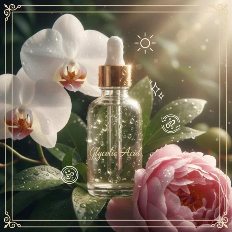 Glycolic acid serum bottle surrounded by colorful flowers and glowing light effects symbolizing brightening and hyperpigmentation treatment