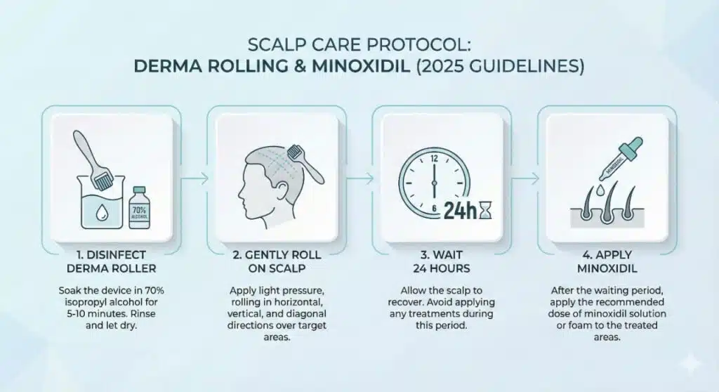 Infographic showing step-by-step instructions for safely using a derma roller before applying minoxidil, including cleaning the roller and waiting time