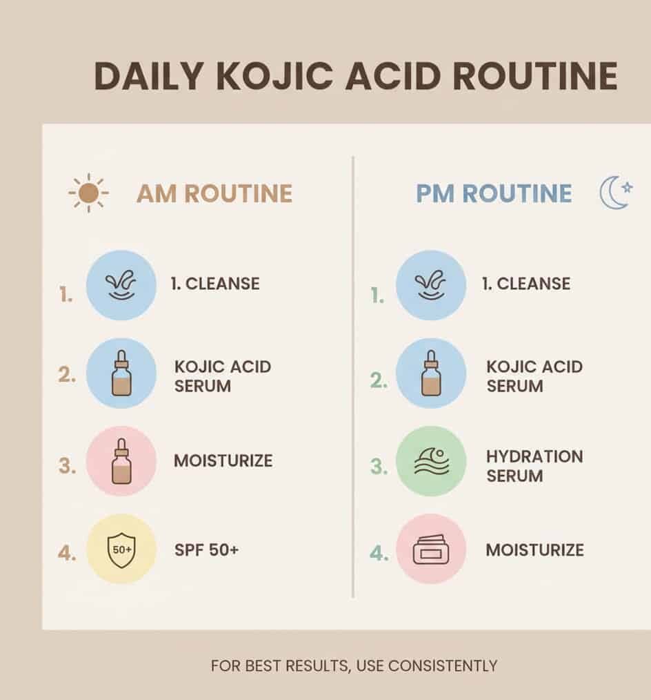 Daily morning and night routine showing how to use kojic acid safely