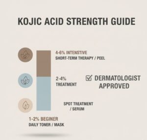 Guide showing kojic acid percentages and which skin concerns they treat.