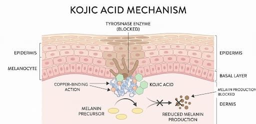 Visual diagram showing how kojic acid inhibits tyrosinase to reduce melanin production in skin