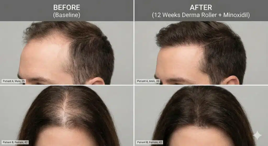 Before and after comparison of hair growth results showing improved hair density after combining derma roller microneedling with minoxidil