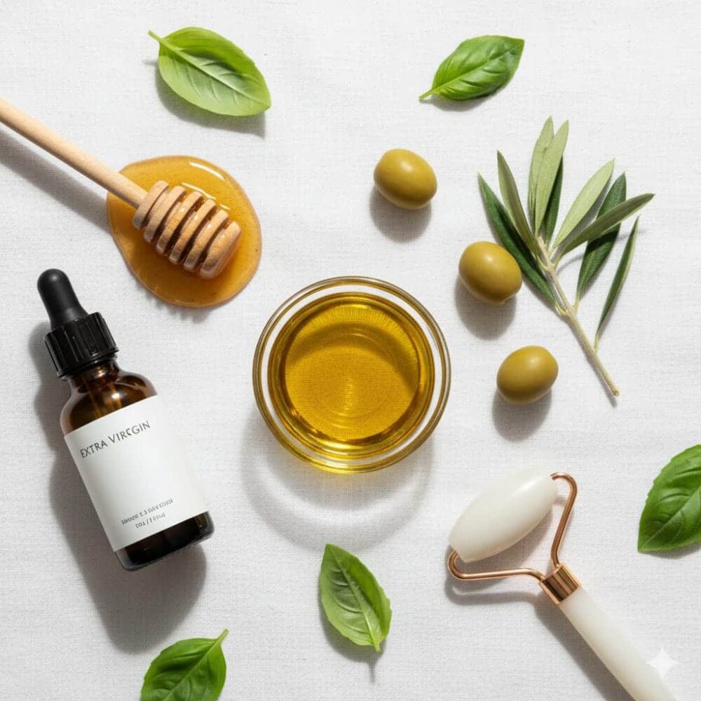 A flat lay of natural DIY skincare ingredients featuring a bowl of golden olive oil, an olive branch, a glass dropper, honey, a face roller, and basil leaves on a linen cloth