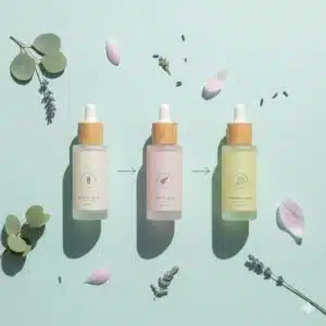 flat lay of skincare products containing azelaic, lactic, and mandelic acid arranged in a step-by-step routine for pregnancy-safe skincare