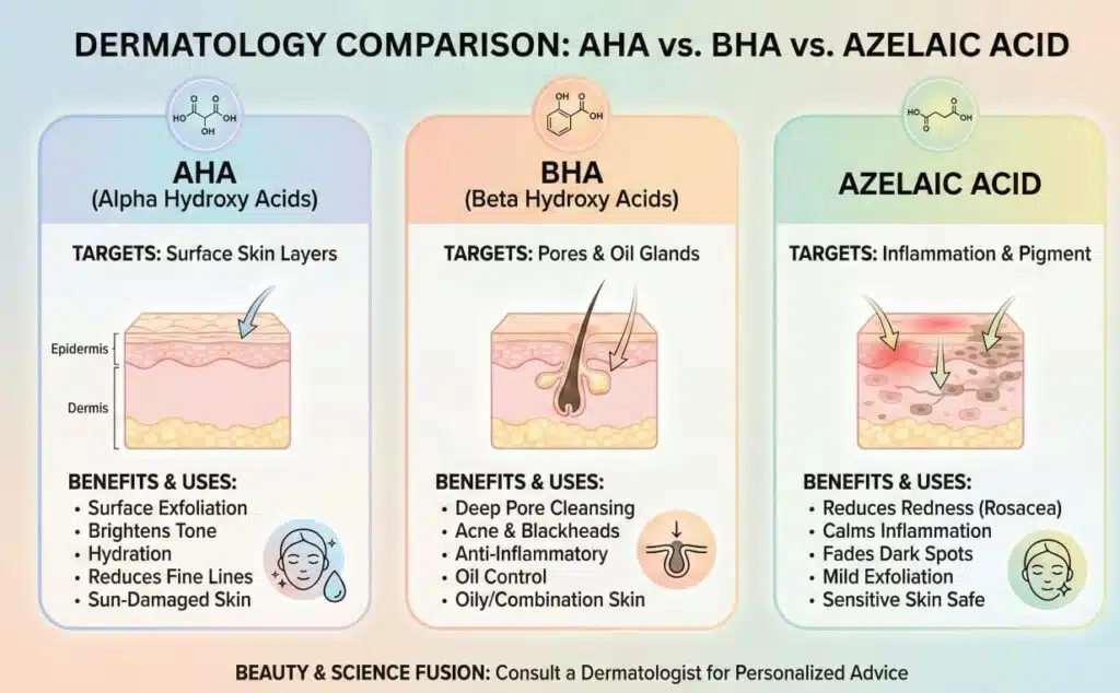 skin improvement illustration, split into three panels AHA BHA Azelaic Acid