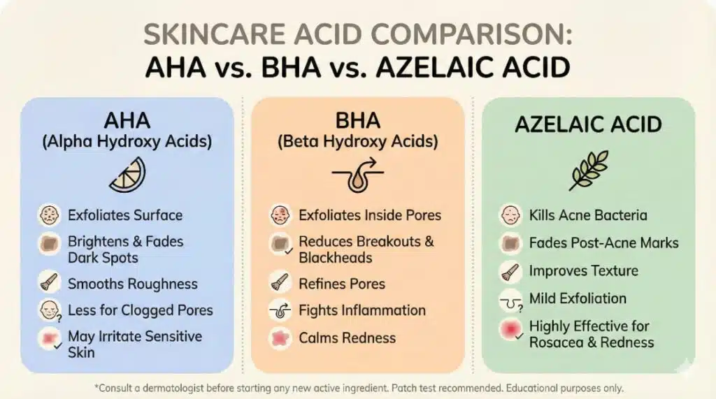 comparison infographic AHA BHA Azelaic Acid, icons for acne, pigmentation, texture, clogged pores