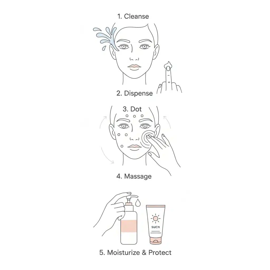 Step-by-step illustrated guide on how to properly apply azelaic acid: cleanse, take a pea-sized amount, dot on face, massage, and moisturize