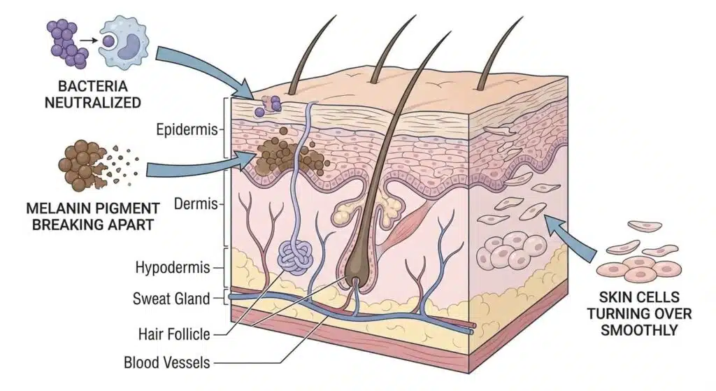 Detailed scientific illustration of skin cross-section showing how azelaic acid neutralizing bacteria, breaking apart melanin, and normalizing skin cell turnover.