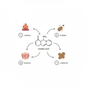 Flowchart infographic showing how different skin concerns (acne, hyperpigmentation, rosacea, melasma) have different response timelines to azelaic acid.