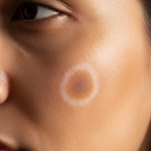 Extreme close-up macro photo of skin showing a sunspot visibly fading from the edges inward after 4-8 weeks of azelaic acid use