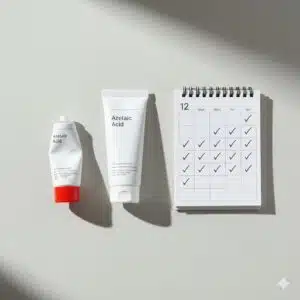 Flat lay of an almost empty azelaic acid tube next to a full one, with a 12-week calendar marked with checkmarks, symbolizing consistent use