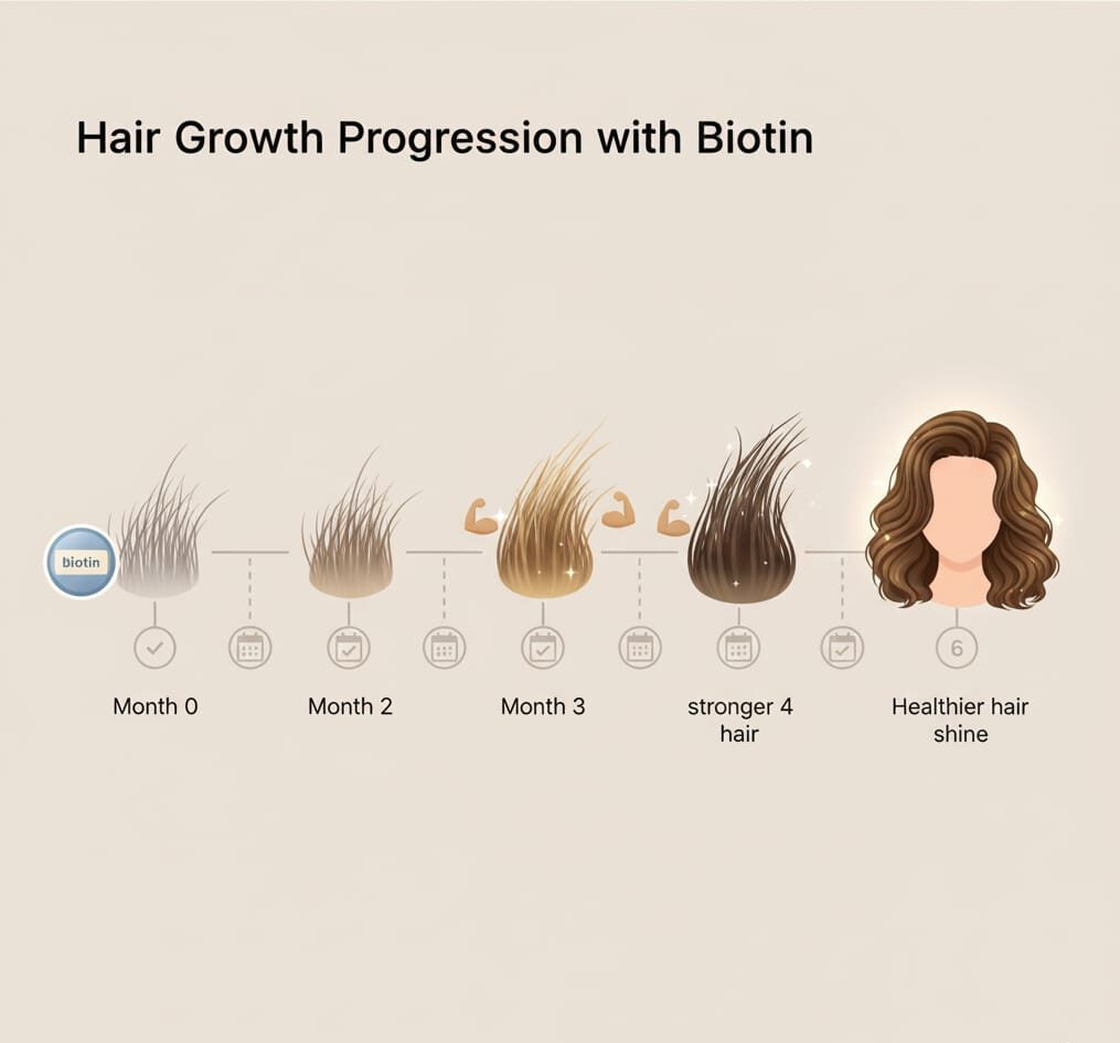 Illustration showing how consistent daily biotin intake supports hair growth over several months rather than depending on exact timing.