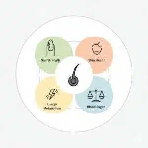 Circular diagram illustrating biotin's benefits for women over 40, including hair, nails, skin, energy, and blood sugar support.
