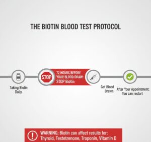 Timeline infographic showing when to stop taking biotin before PCOS blood tests: discontinue 72 hours prior to testing for thyroid, hormone, and cardiac markers to avoid false results.