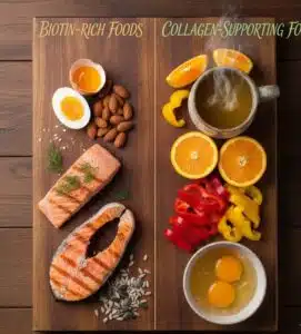 Photo of a flat lay with biotin-rich foods (eggs, nuts) and collagen-supporting foods (bone broth, citrus).