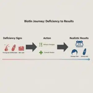 Timeline infographic illustrating the journey from recognizing biotin deficiency symptoms to taking action and seeing realistic results over 3 to 6 months.