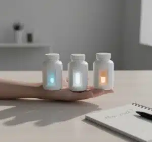 Conceptual image showing three supplement bottles with different sized pills, representing the confusion around choosing the correct biotin dosage.