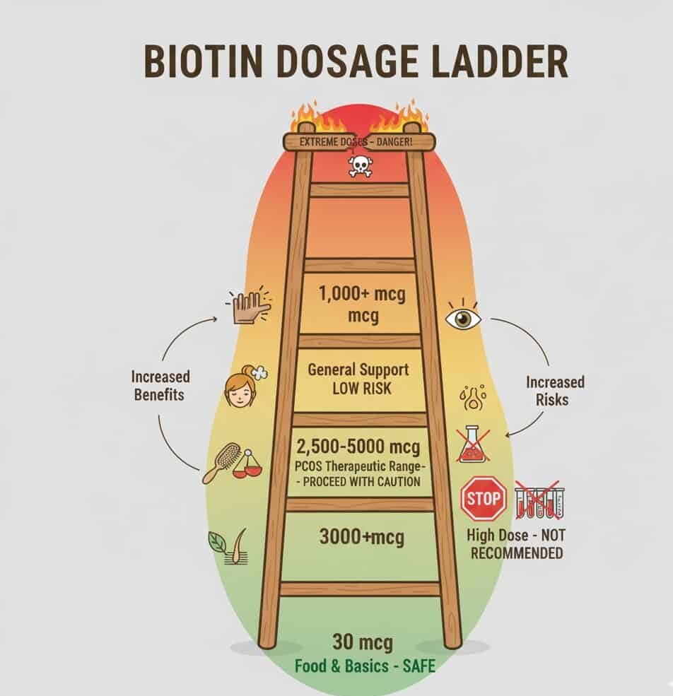 A ladder graphic showing biotin dosage levels for PCOS, from safe food-based doses to high-risk therapeutic doses, with corresponding benefits and side effects at each step.