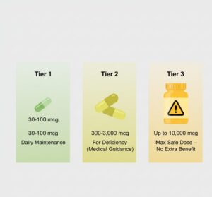 Simple graphic explaining three tiers of biotin dosage for women over 40, from daily maintenance to therapeutic and maximum safe doses.