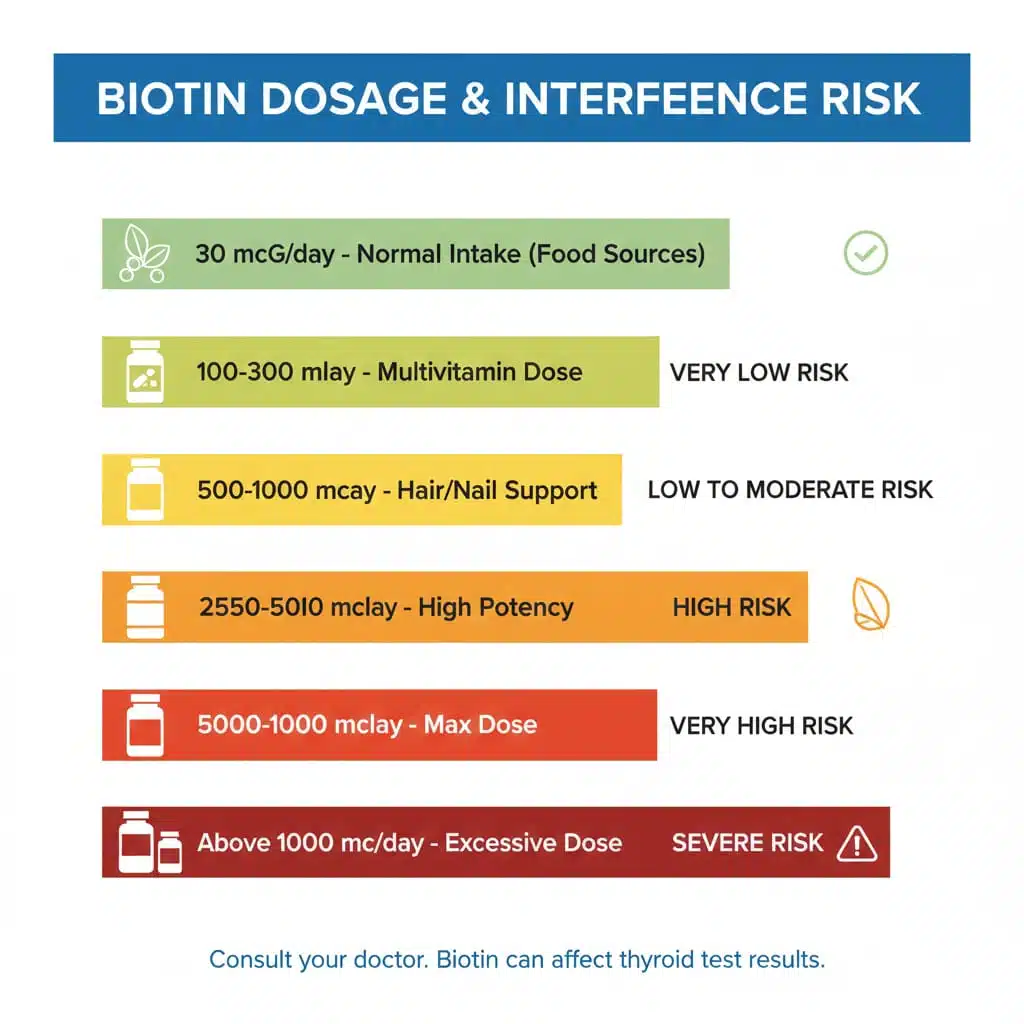 Step-by-step infographic explaining how biotin supplements interfere with thyroid blood test accuracy