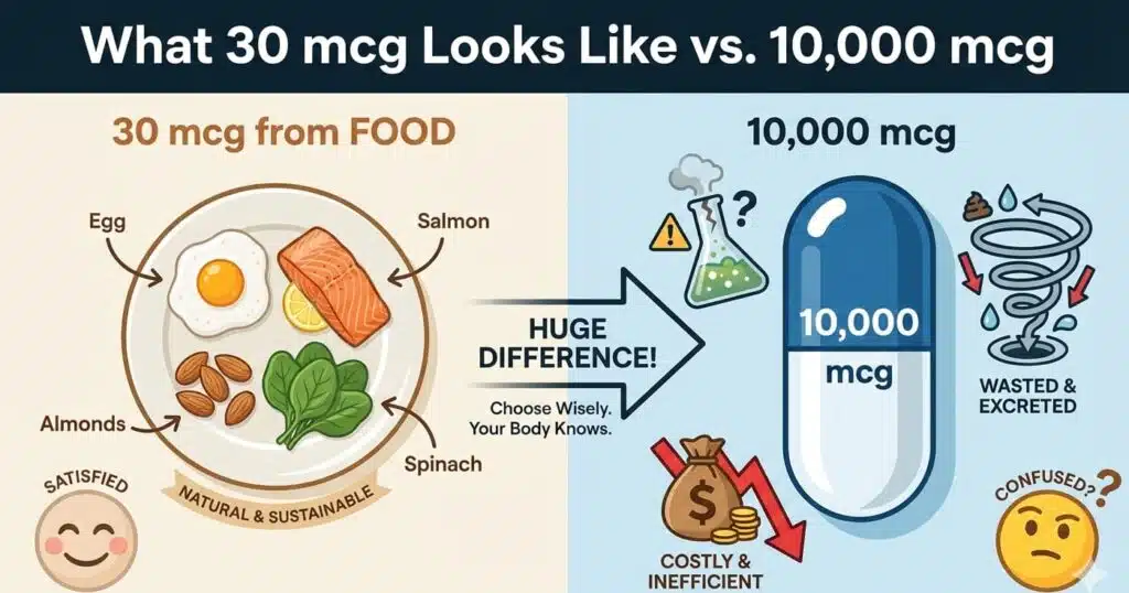 Visual comparison infographic showing how 30 mcg of biotin from natural food sources contrasts with the excess and potential waste of a 10,000 mcg supplement pill.