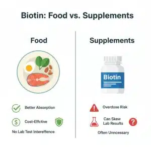 Infographic comparing getting biotin from whole foods versus supplements, highlighting benefits like better absorption and safety.