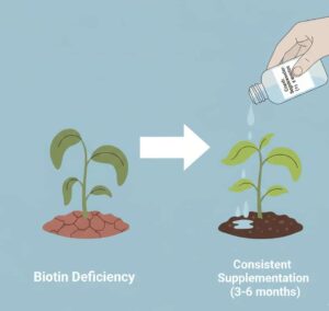 Visual metaphor showing biotin supplementation only improves hair growth if there is a deficiency, and requires consistent use over months.