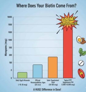 Horizontal safety spectrum showing biotin dosage for teens, from green daily food sources (20–25 mcg) to yellow doctor-prescribed doses (300–3,000 mcg) and red OTC mega-doses (1,000–10,000+ mcg), with recommended intake for ages 9–18