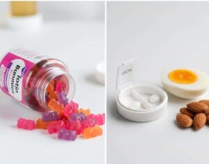 Comparison photo showing high-dose, candy-like biotin gummies versus lower-dose tablets and natural food sources, highlighting the choice for teen safety.