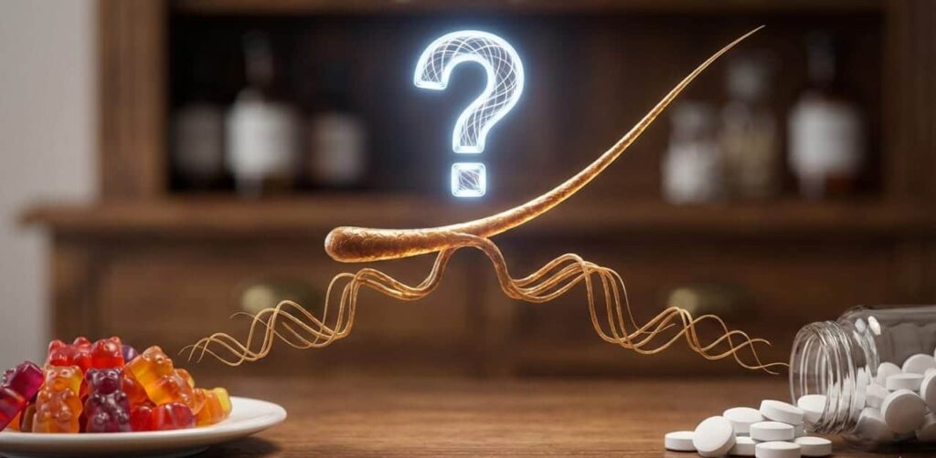 A hair strand at a crossroads between colorful biotin gummies and simple pills, questioning which is better for hair growth.