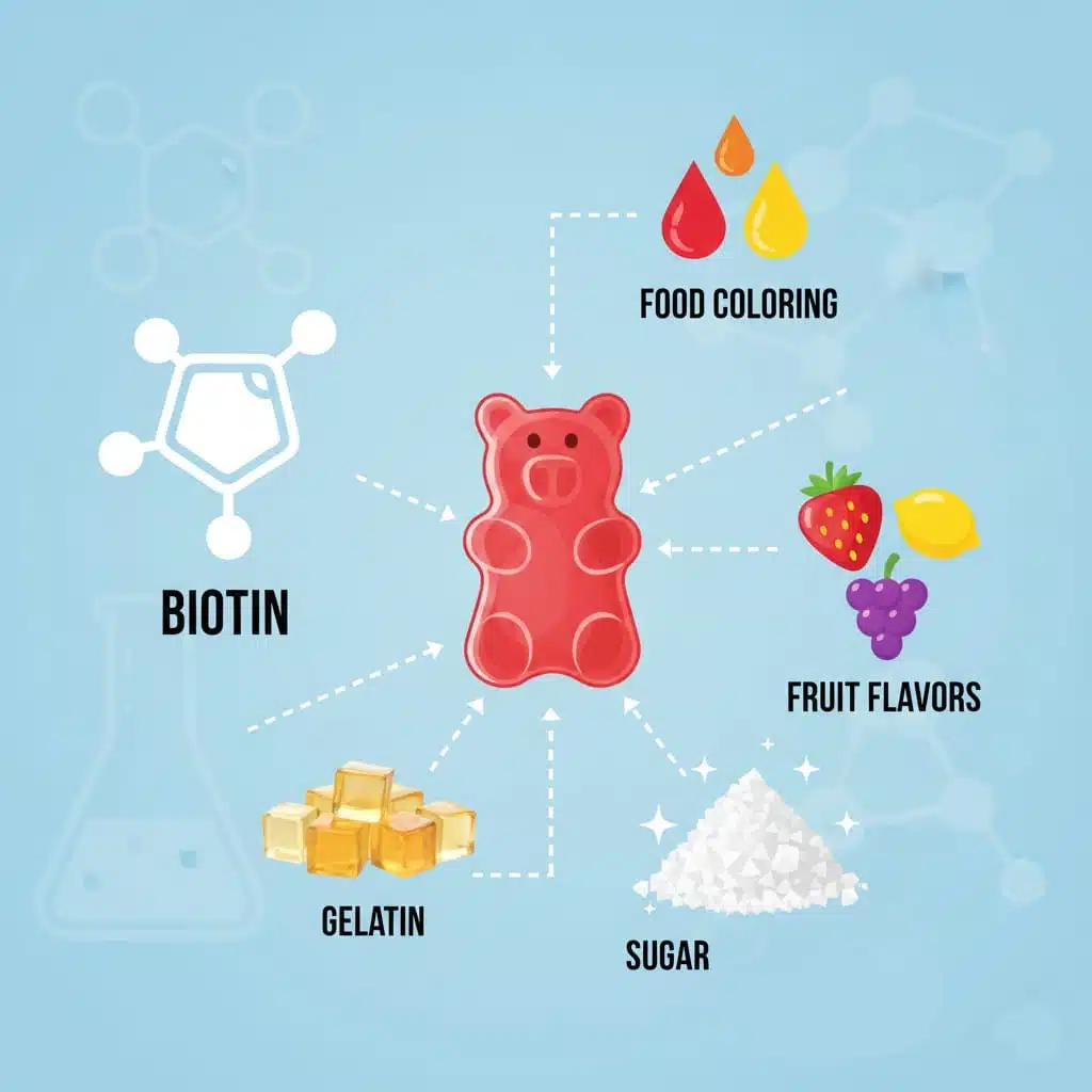 Infographic showing what biotin gummies are made of: biotin, gelatin, sweeteners, flavors, and colorings.