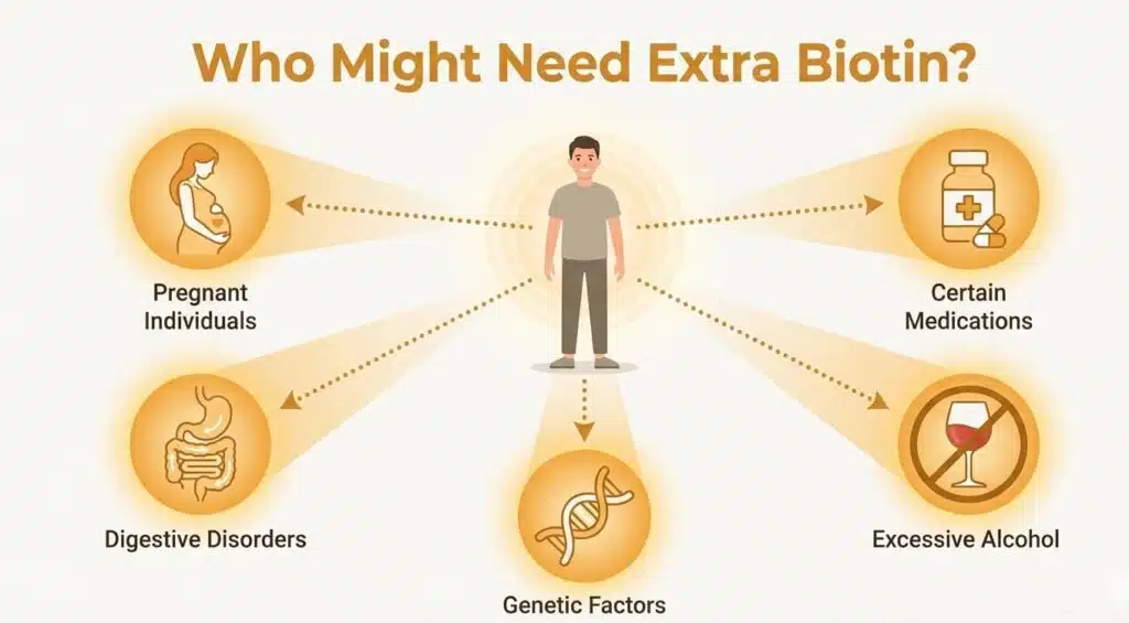 Infographic identifying groups who may need more biotin, such as pregnant women, those on certain medications, or people with digestive disorders, connected to a central figure.