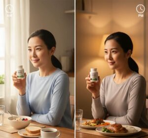 Visual comparison of taking biotin supplements in the morning versus at night, showing similar effectiveness with different daily routines