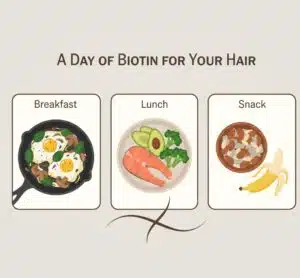 Visual guide with illustrated ideas for biotin-rich breakfast, lunch, and snack to support hair health throughout the day.