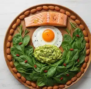 Overhead photo of a healthy meal for hair growth with salmon, avocado, egg, spinach, and almonds arranged to resemble a head with flowing hair.