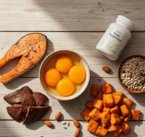 Collage of biotin-rich foods like eggs, salmon, and nuts alongside a supplement, showing how to combine diet with supplementation.