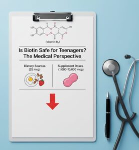 Medical infographic on a clipboard showing the vast difference between recommended daily biotin from food and common over-the-counter supplement doses.