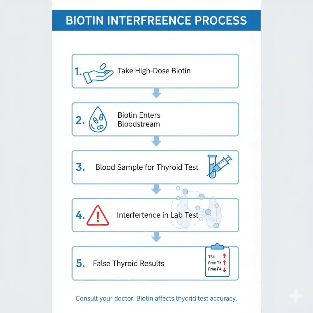 Step-by-step infographic explaining how biotin supplements interfere with thyroid blood test accuracy