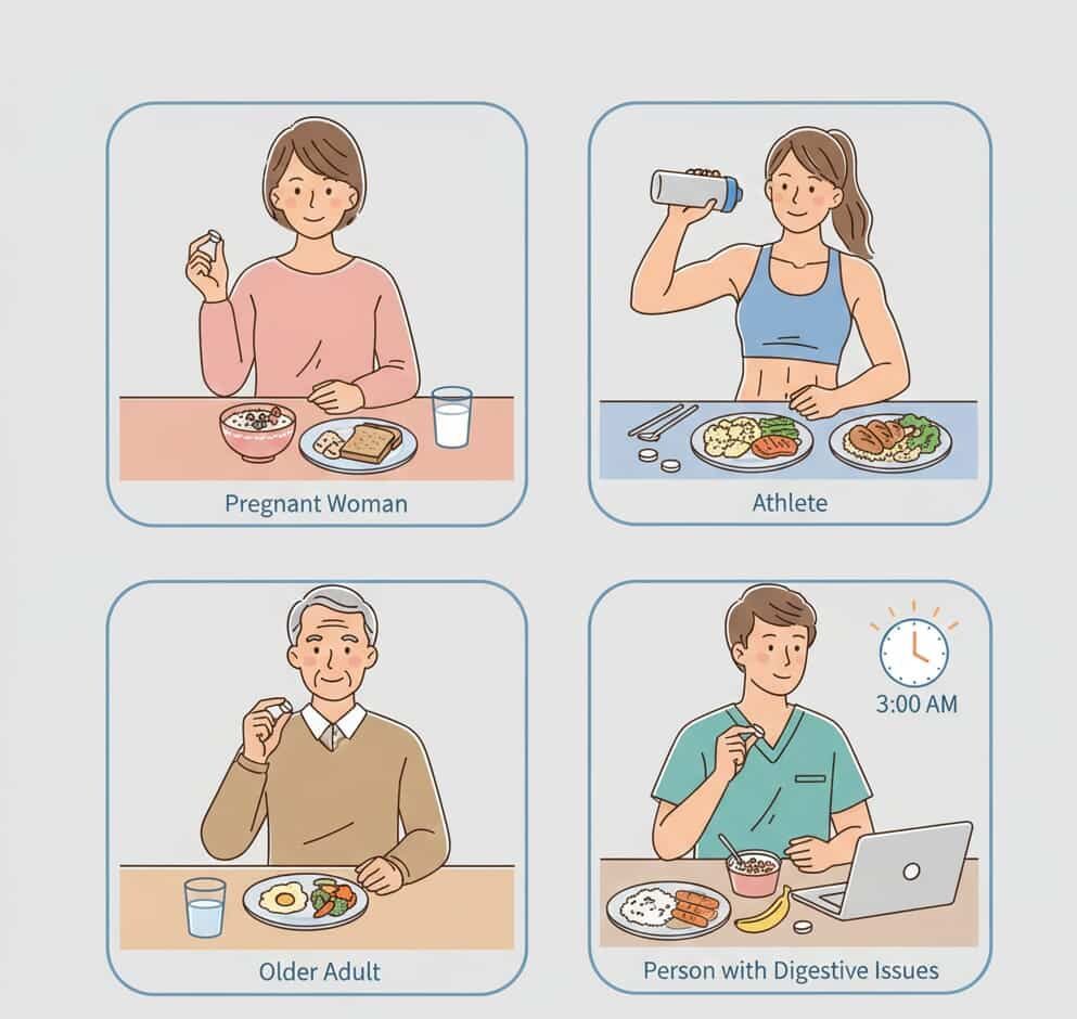 Illustration showing personalized biotin timing recommendations for pregnant women, athletes, older adults, and shift workers.