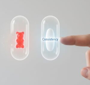 Symbolic image showing the best biotin supplement is the one you take consistently, whether it's a gummy or a pill.