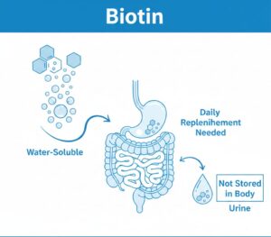 Infographic explaining biotin as a water-soluble vitamin that is absorbed in the small intestine and excreted through urine within 24 hours.