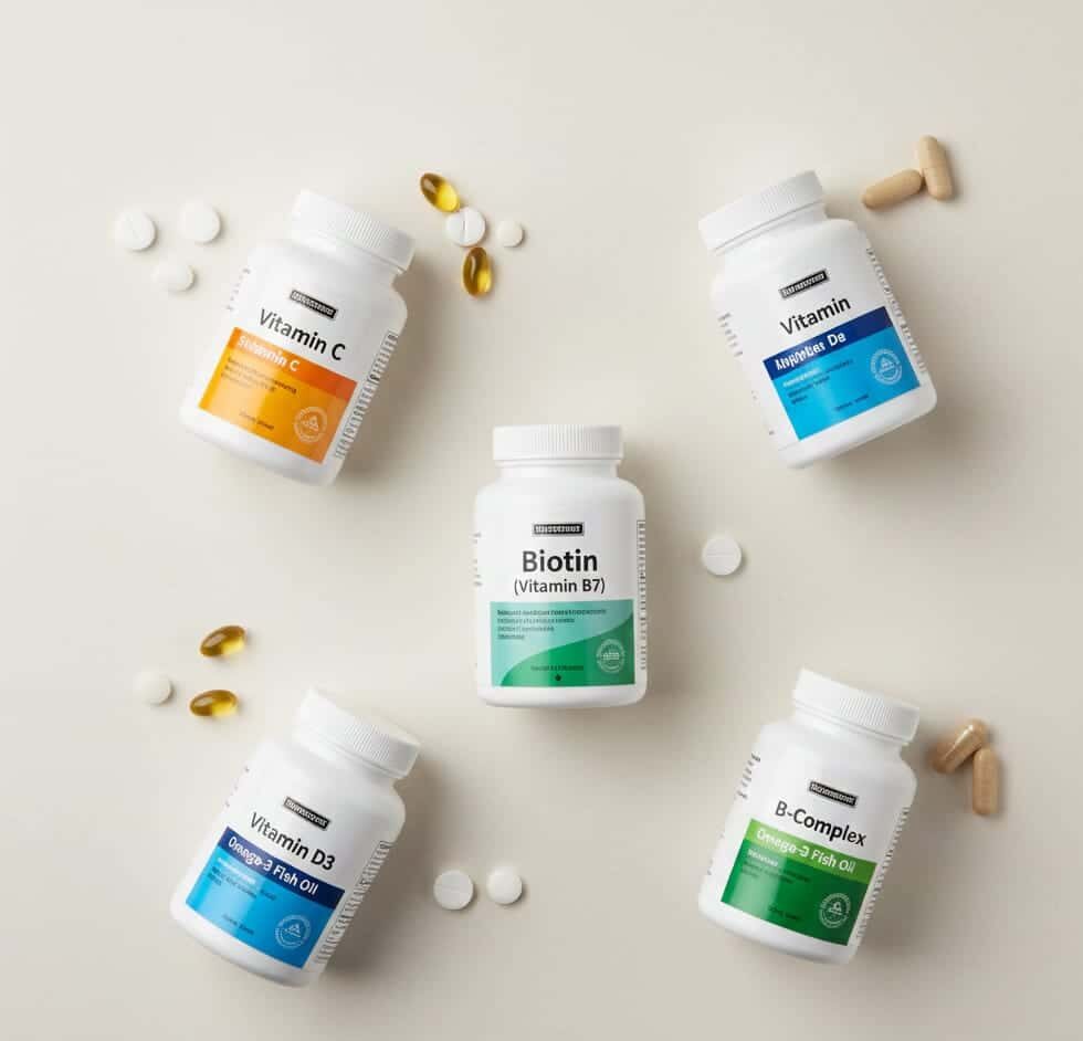 Flat-lay image showing biotin taken safely with other vitamins like B-complex, vitamin C, vitamin D, and omega-3 supplements.