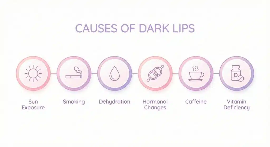 Infographic displaying six common causes of dark lips including sun exposure, smoking, dehydration, and hormonal changes