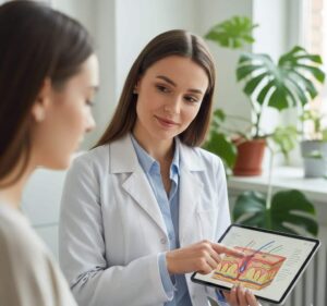 A dermatologist in a professional office setting explains a skin diagram on a tablet to a patient, highlighting when to seek expert advice