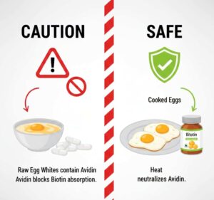 Infographic showing foods and substances that interfere with biotin absorption, including raw egg whites and alcohol.