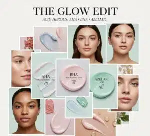 Skincare product collage showing AHA, BHA, and Azelaic acid with diverse models displaying glowing healthy skin and product textures