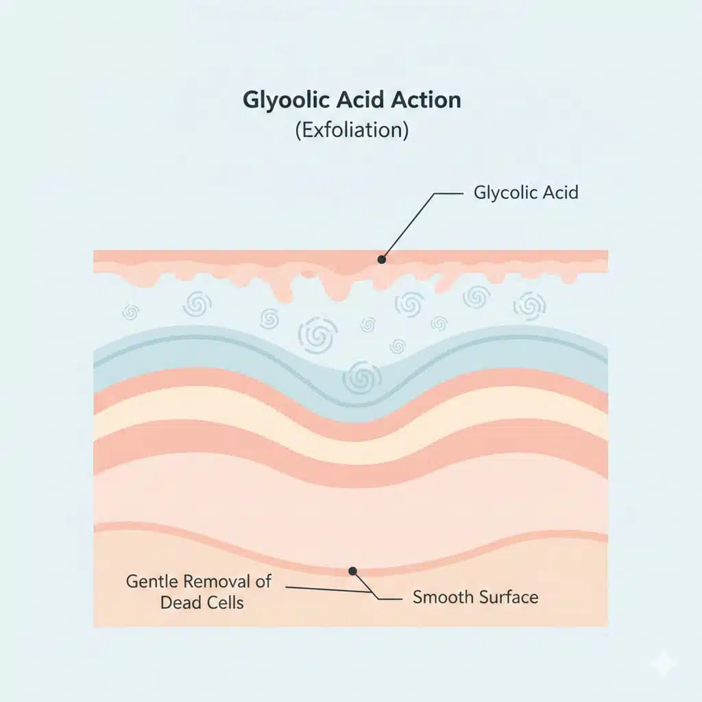 Glycolic acid exfoliating the skin by removing dead cells, improving texture, and clearing clogged pores for smoother brighter skin